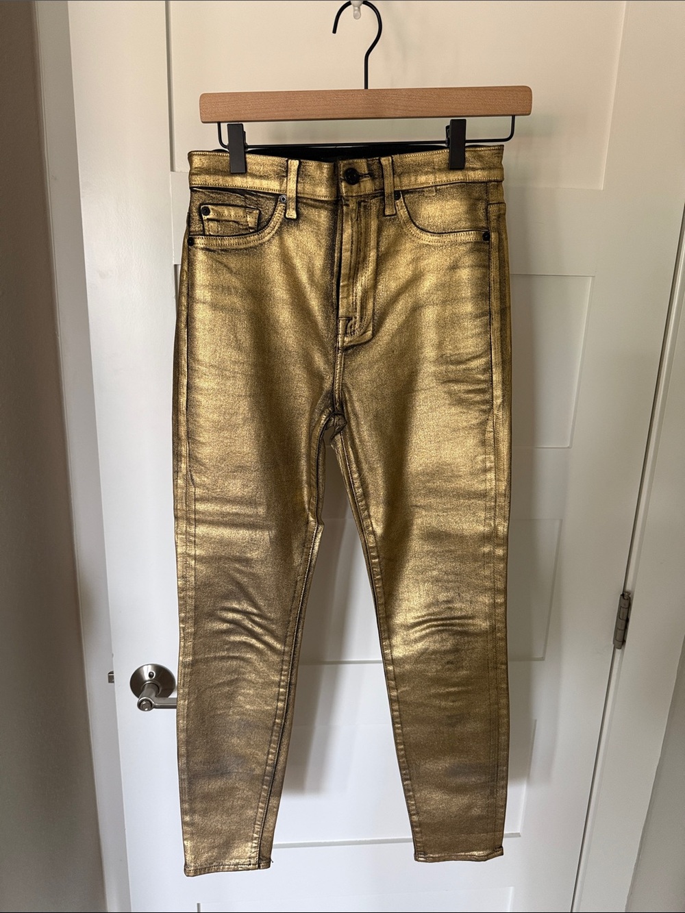 Metallic gold skinny jeans